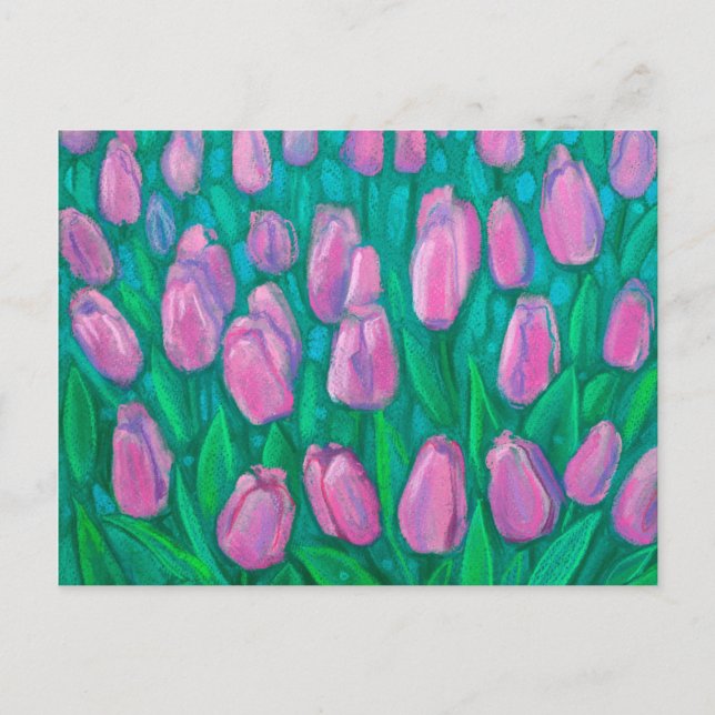 Pink Tulips Field, Spring Flowers Floral Painting Postcard (Front)
