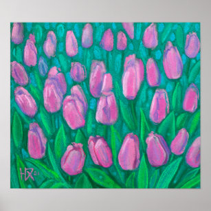 Pink Tulips Field, Spring Flowers Floral Painting Poster