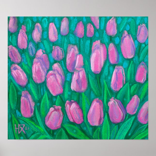 Pink Tulips Field, Spring Flowers Floral Painting Poster (Front)