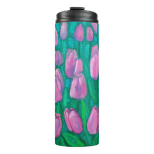 Pink Tulips Field, Spring Flowers Floral Painting Thermal Tumbler