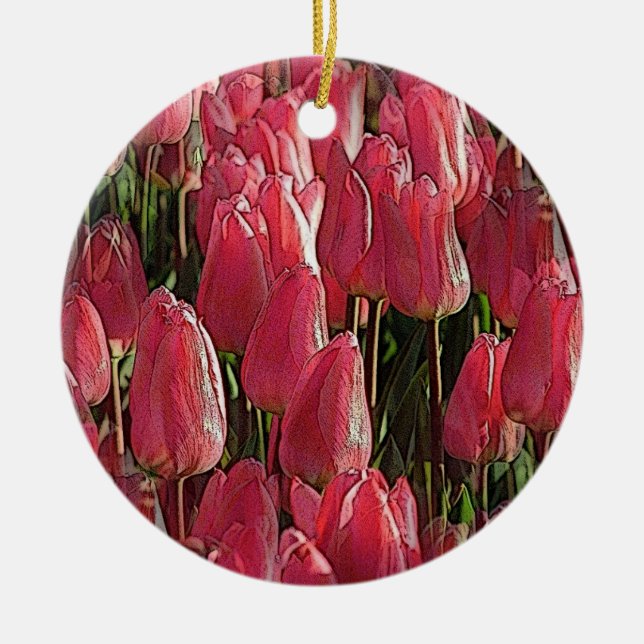Pink Tulips Floral Ceramic Tree Decoration (Front)