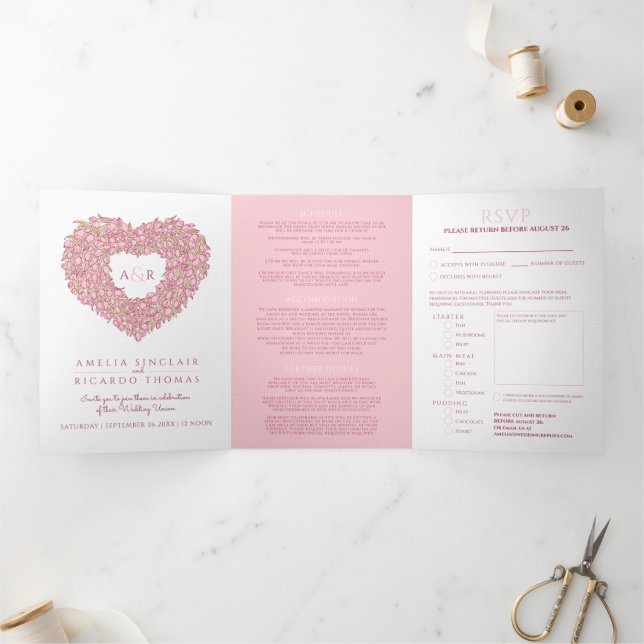 Pink tulips floral heart art monogram wedding Tri-Fold invitation (Inside)