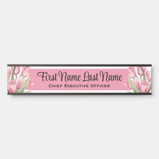Pink Tulips Floral Office Door Signs Name Plate (Front)