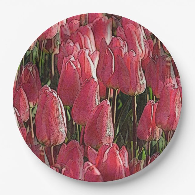 Pink Tulips Floral Paper Plate (Front)