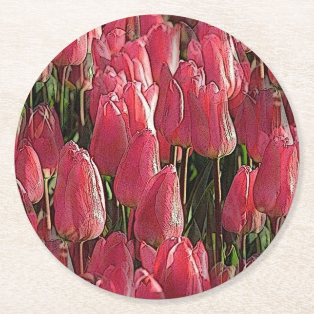 Pink Tulips Floral Round Paper Coaster (Front)