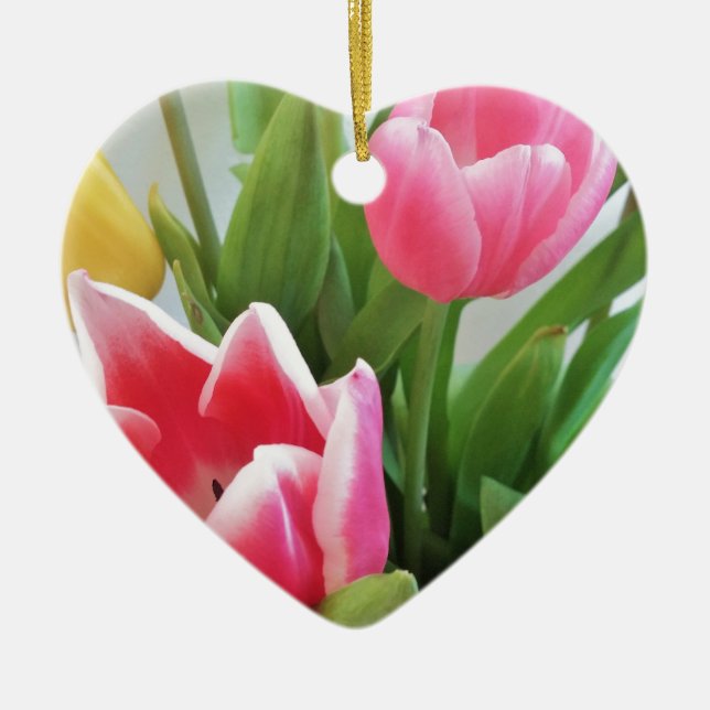 Pink Tulips, Floral Spring Bouquet, Flowers Ceramic Tree Decoration (Front)