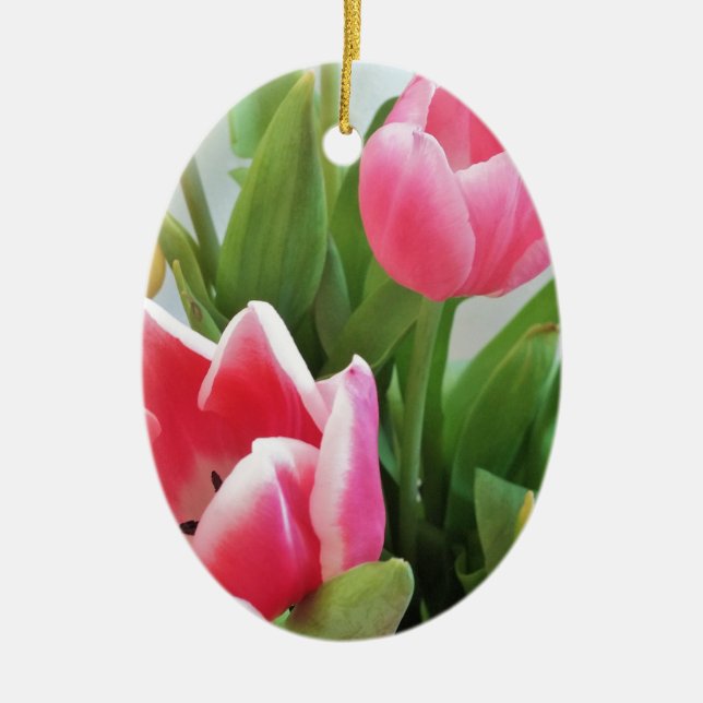 Pink Tulips, Floral Spring Bouquet, Flowers Ceramic Tree Decoration (Front)