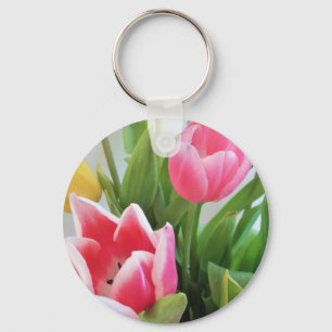 Pink Tulips, Floral Spring Bouquet, Flowers Key Ring