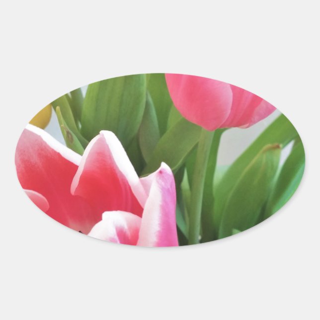 Pink Tulips, Floral Spring Bouquet, Flowers Oval Sticker (Front)