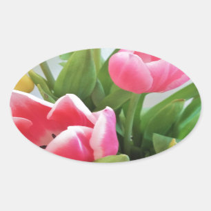 Pink Tulips, Floral Spring Bouquet, Flowers Oval Sticker