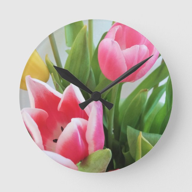 Pink Tulips, Floral Spring Bouquet, Flowers Round Clock (Front)