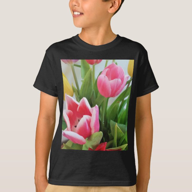 Pink Tulips, Floral Spring Bouquet, Flowers T-Shirt (Front)