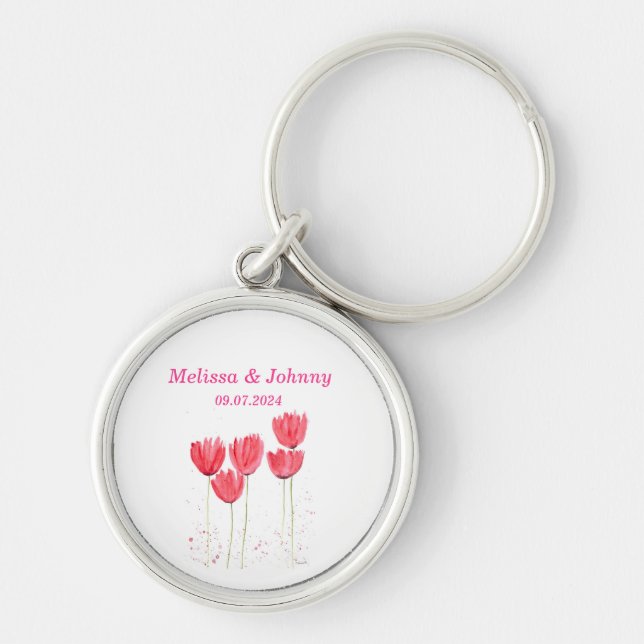 Pink Tulips floral watercolor elegant Wedding Key Ring (Front)