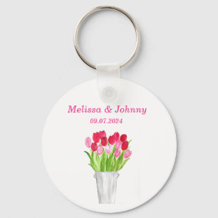 Pink Tulips floral watercolor elegant Wedding Key Ring