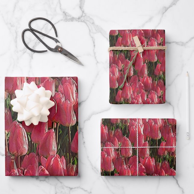 Pink Tulips Floral Wrapping Paper Sheet (Front)
