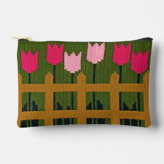 Pink Tulips Green Garden Artisan Crochet Print Accessory Pouch