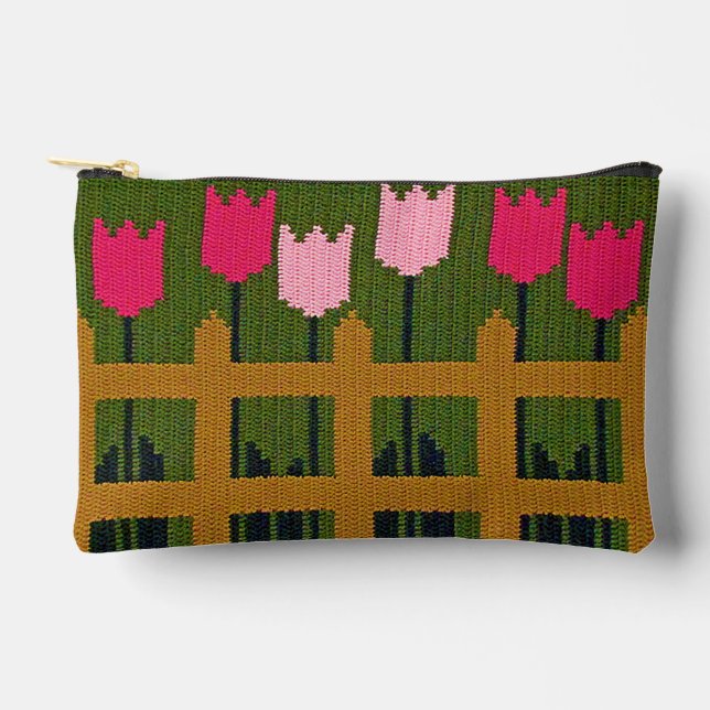 Pink Tulips Green Garden Artisan Crochet Print  Accessory Pouch (Front)