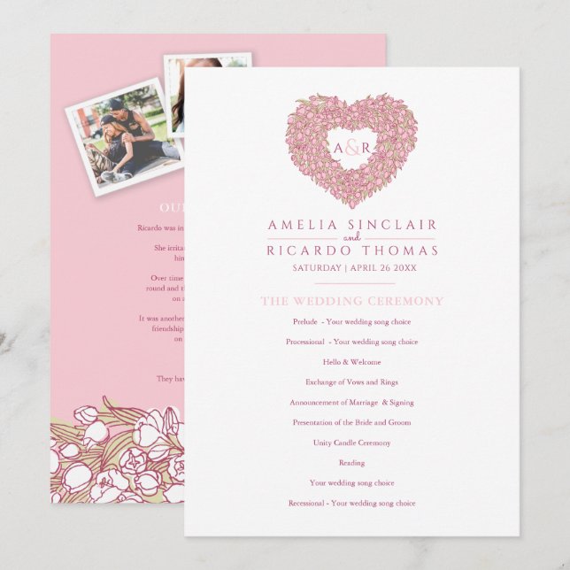 Pink tulips heart love story ceremony wedding programme (Front/Back)
