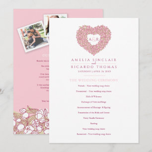 Pink tulips heart love story ceremony wedding programme