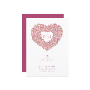 Pink tulips heart wreath monogram wedding menu