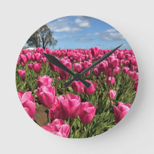 Pink Tulips in a Field, Oregon Round Clock