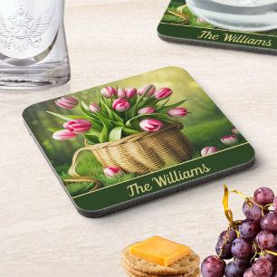 Pink Tulips in Basket  Coaster
