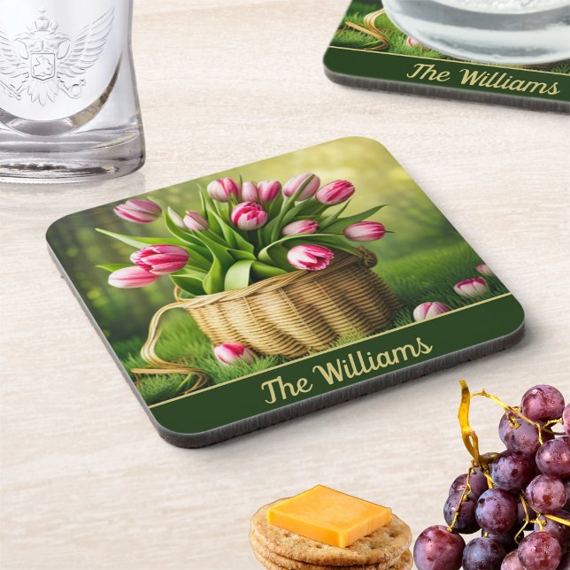 Pink Tulips in Basket  Coaster (Creator Uploaded)