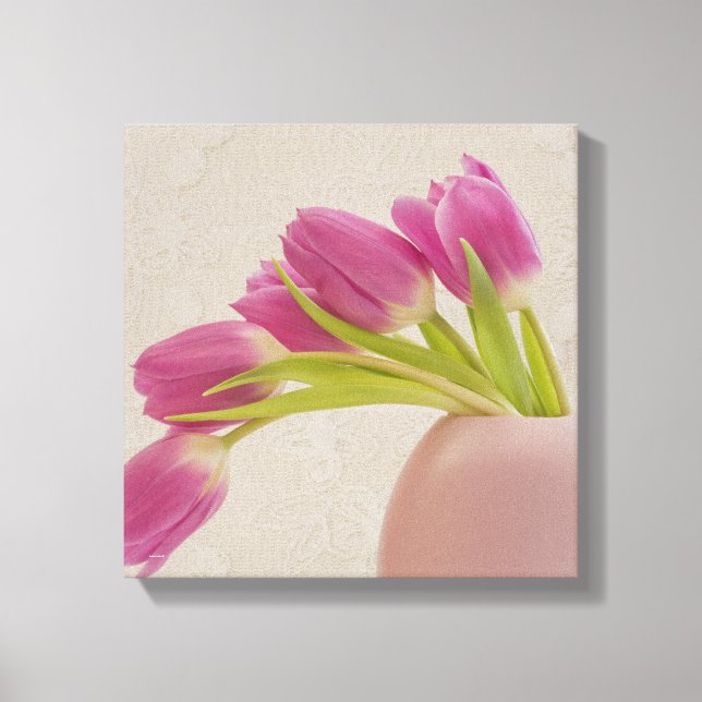 Pink Tulips In Rounded Pink Vase With lace Canvas Print (Front)