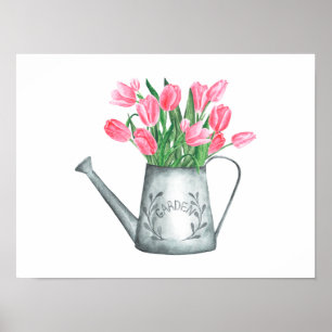 Pink Tulips in Watercan Watercolor Poster