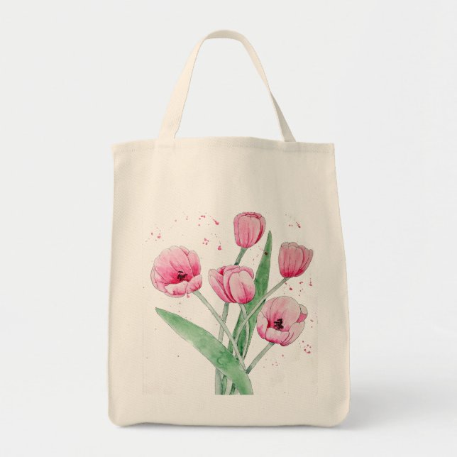 Pink Tulips in Watercolors Tote Bag (Front)