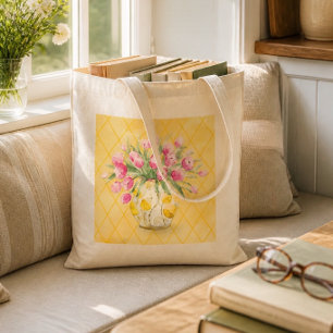 Pink Tulips in Yellow and White Vase Tote Bag