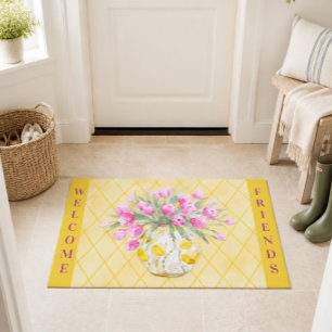 Pink Tulips in Yellow and White Vase Welcome Doormat