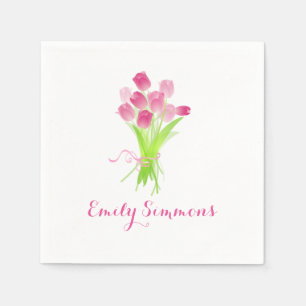 Pink Tulips & Name - Cocktail Napkin