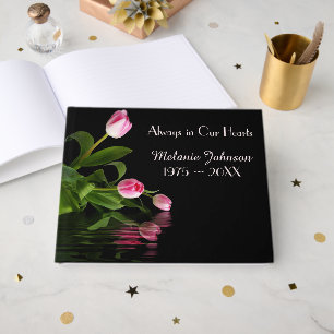 Pink Tulips On Black for Memorial Service Guest Book