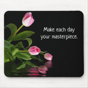 pink tulips on black inspiration mouse mat