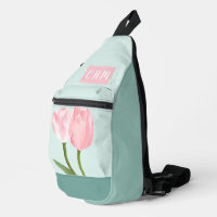 Pink Tulips on Pale Blue With Triple Monogram