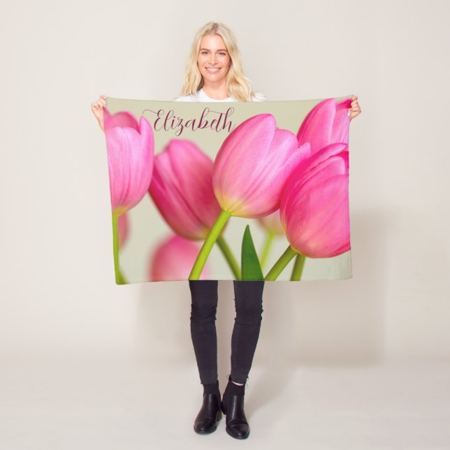 Pink Tulips Personalize Fleece Blanket (In Situ)