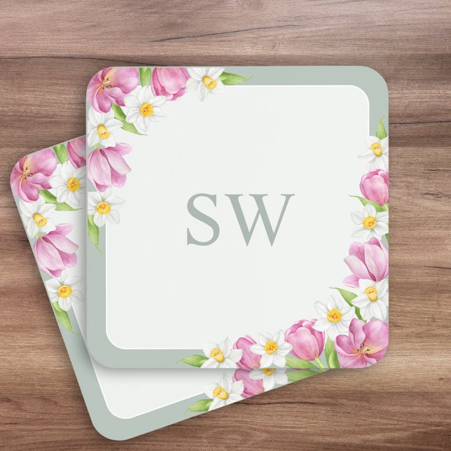 Pink Tulips Spring Flowers Monogram Coasters (Creator Uploaded)