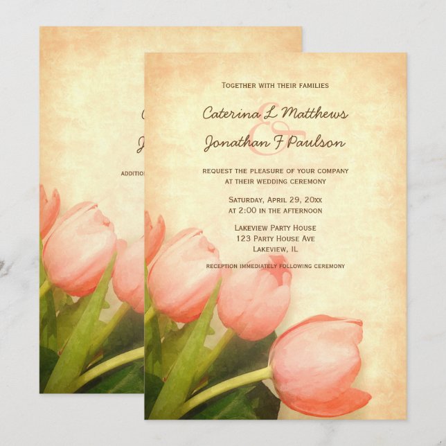Pink tulips spring wedding invitation (Front/Back)