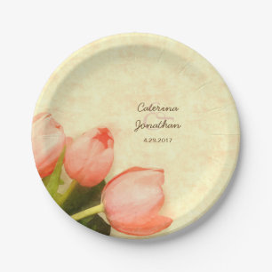 Pink tulips spring wedding reception paper plate