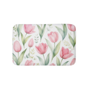 Pink Tulips Watercolor Floral Painting Botanical Bath Mat