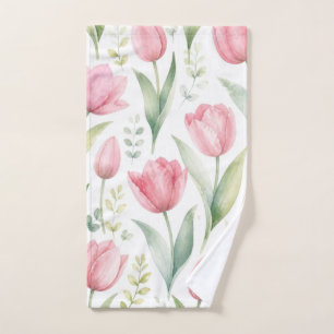 Pink Tulips Watercolor Floral Painting Botanical Hand Towel