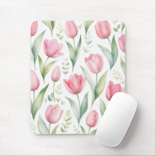 Pink Tulips Watercolor Floral Painting Botanical Mouse Mat