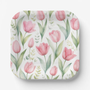 Pink Tulips Watercolor Floral Painting Botanical Paper Plate