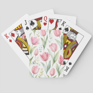 Pink Tulips Watercolor Floral Painting Botanical Playing Cards