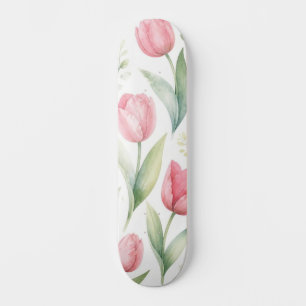 Pink Tulips Watercolor Floral Painting Botanical Skateboard