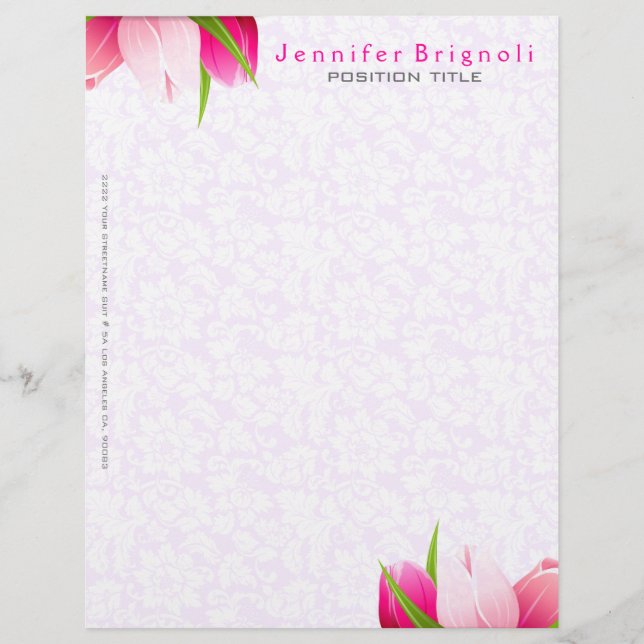 Pink Tulips White Damasks Background Custom Letterhead (Front)