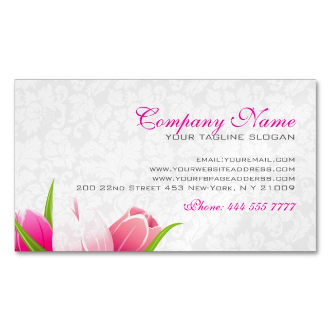 Pink Tulips White Damasks Background Magnetic Business Card (Front)