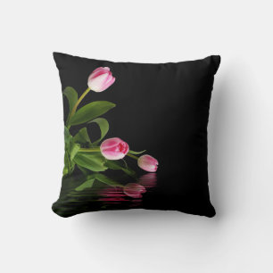 Pink Tulips with Black Water Reflection Cushion