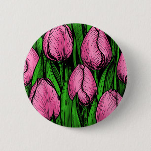 Pink tulips with green leaves 6 cm round badge